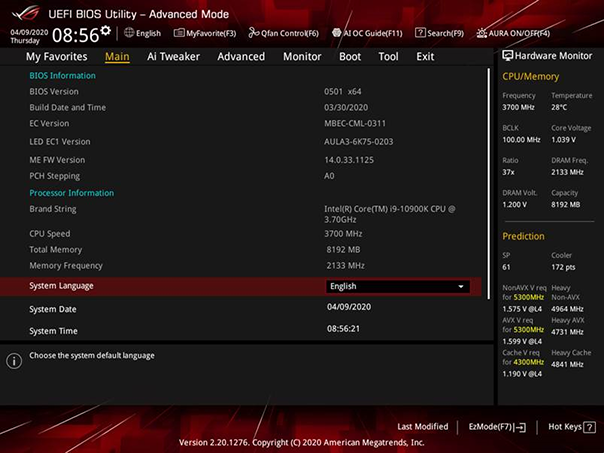 Screenshot of UEFI BIOS Utility – Advanced Mode Main section