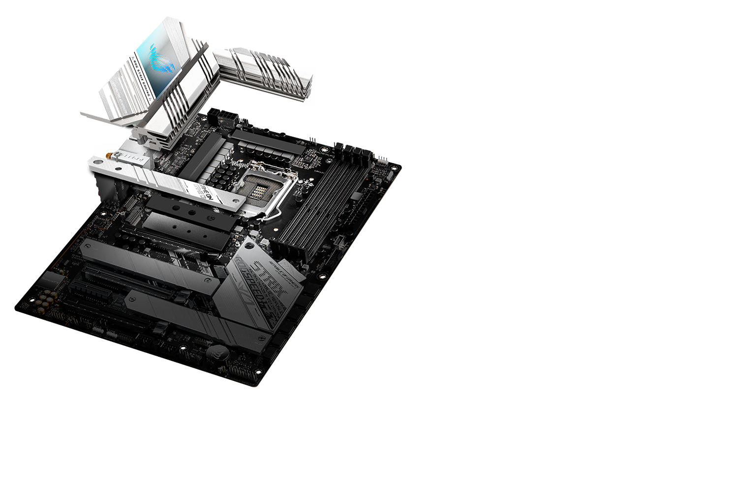 Exploded view of ROG Strix Z590-A Gaming WiFi cooling elements