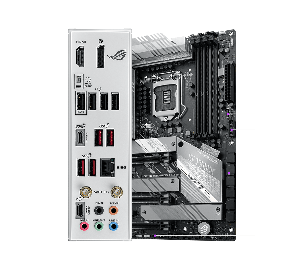 ROG Strix Z590-A Gaming WiFi I/O panel with motherboard in background