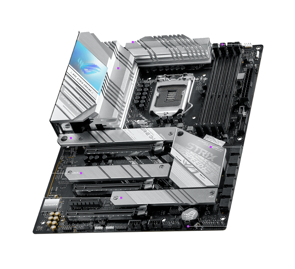 ROG Strix Z590-A Gaming WiFi three-quarter view highlighting multiple features