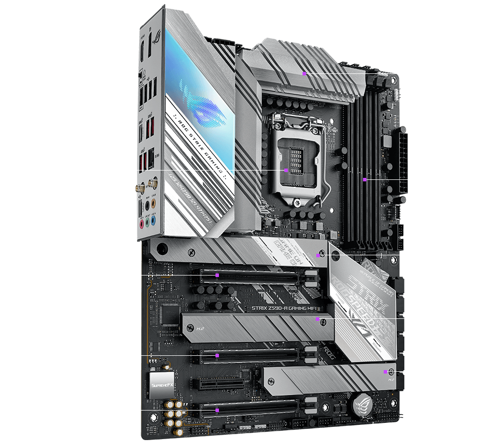 ROG Strix Z590-A Gaming WiFi angled view highlighting multiple features