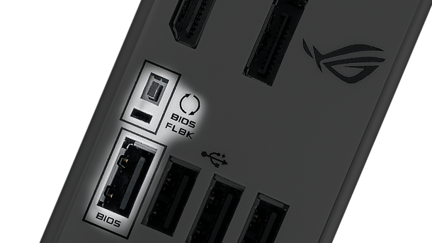 Closeup of ROG Strix Z590-A Gaming WiFi Clr CMOS button BIOS FlashBack buttons