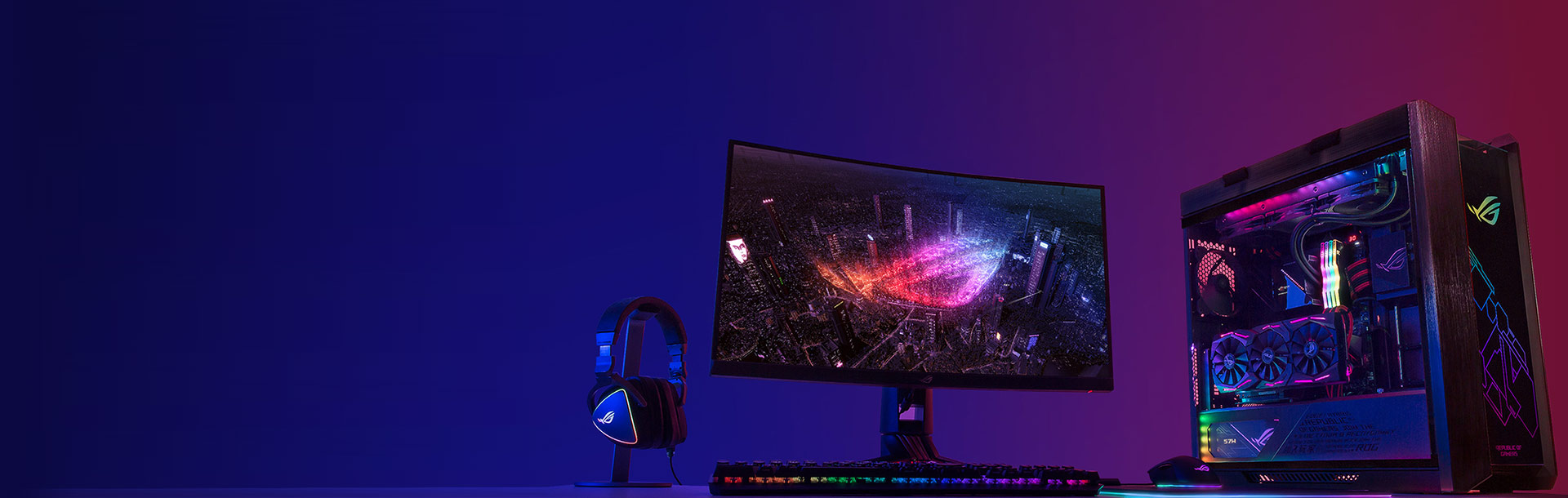 Gaming setup featuring ROG Strix products and RGB lighting