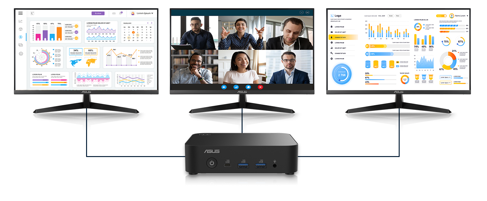 NUC 14 Essential connects to three displays, one showing a city night view, another data tables, and a third monitor mathematics equations