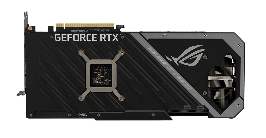 ROG STRIX RTX 3060 TI V2 OC EDITION top view showing vented backplate and shortened circuit board