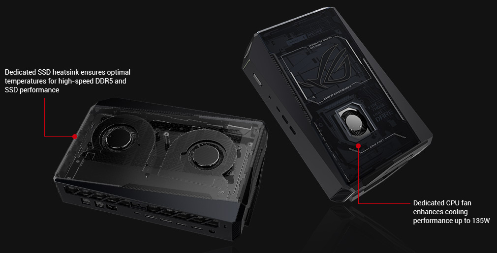 Cooling fans and SSD heatsinks interior of ROG NUC 2025 and CPU cooling fan interior of ROG NUC 2025