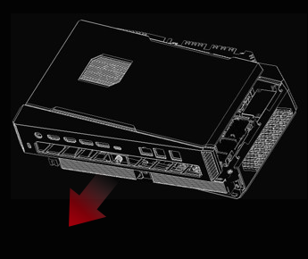 ROG NUC lying horizontally, front case slightly opened without using tools