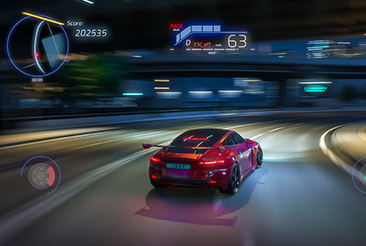 Interface of a racing video game showing a speeding red car in the night