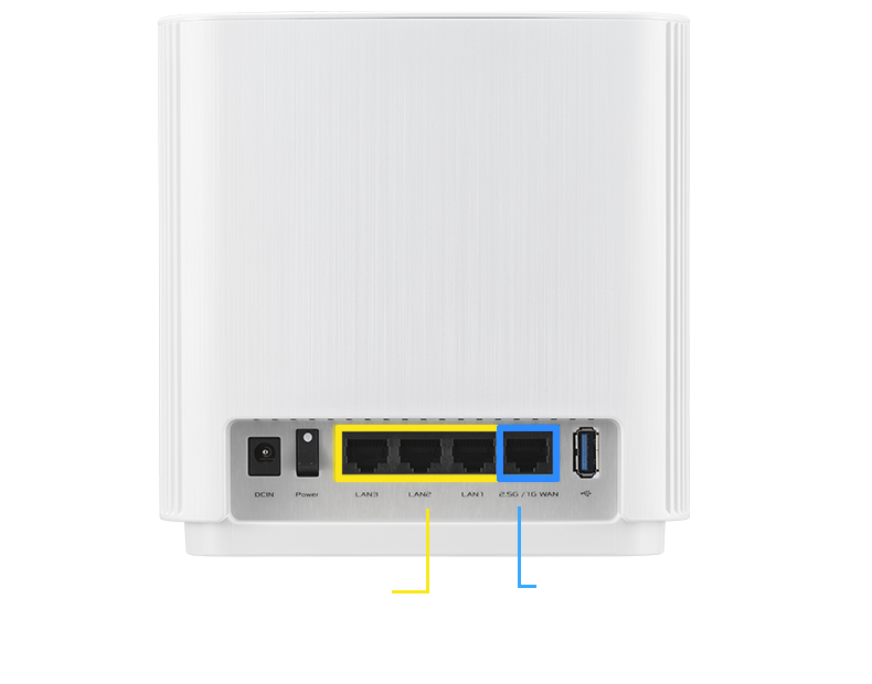 Face arrière du routeur maillé ASUS ZenWiFi XT9 : un port WAN 2,5G et trois ports LAN 1 Gb/s.