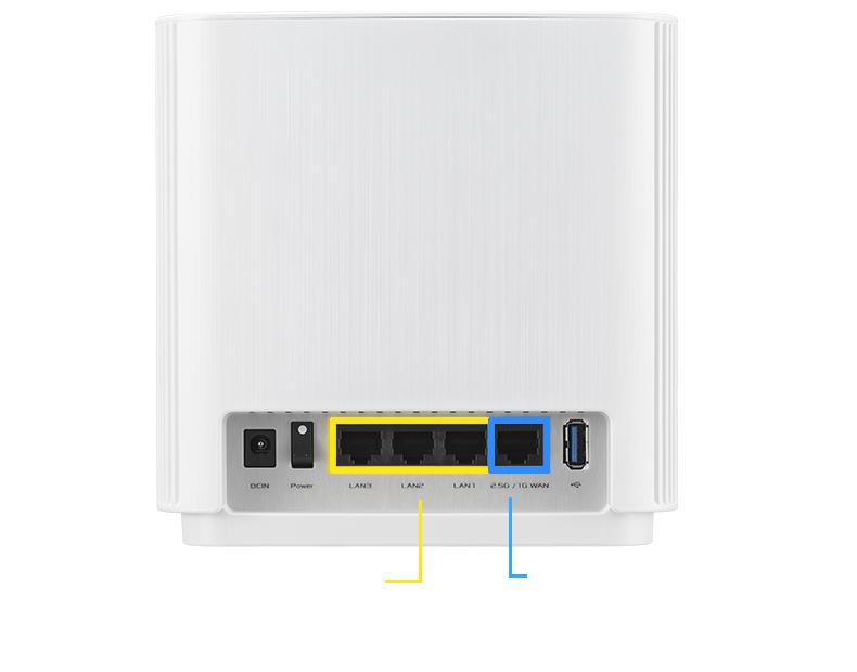 Zadná strana mesh routera ASUS ZenWiFi XT9: 2,5G port WAN a tri 1 Gb/s porty LAN.