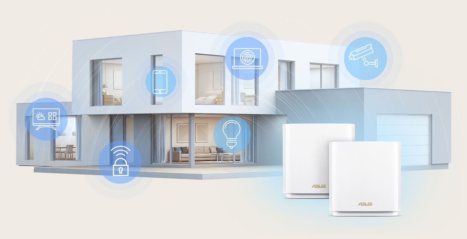 ASUS ZenWiFi XT9 mesh-routers bieden wifi-dekking voor de hele woning van tot wel 530 vierkante meter, zodat u al uw IoT-gadgets thuis kunt aansluiten.