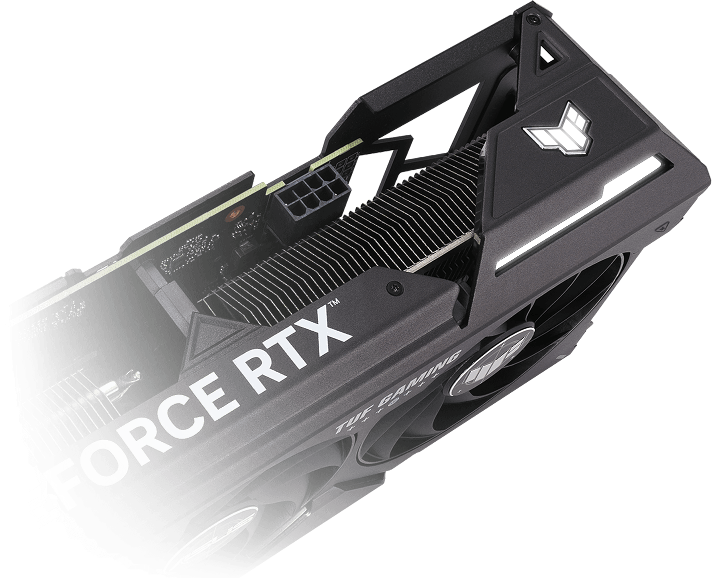 Angled view of the ASUS TUF Gaming GeForce RTX 4060 Ti graphics card, highlighting the ARGB element