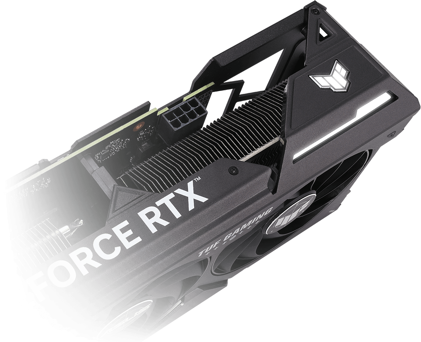 Widok pod kątem na kartę graficzną ASUS TUF Gaming GeForce RTX 4060 Ti, z wyróżnionym elementem ARGB