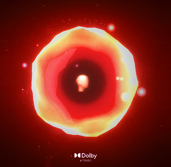 A stylized orange object floating on a black background, with the words “Dolby Atmos” written underneath.