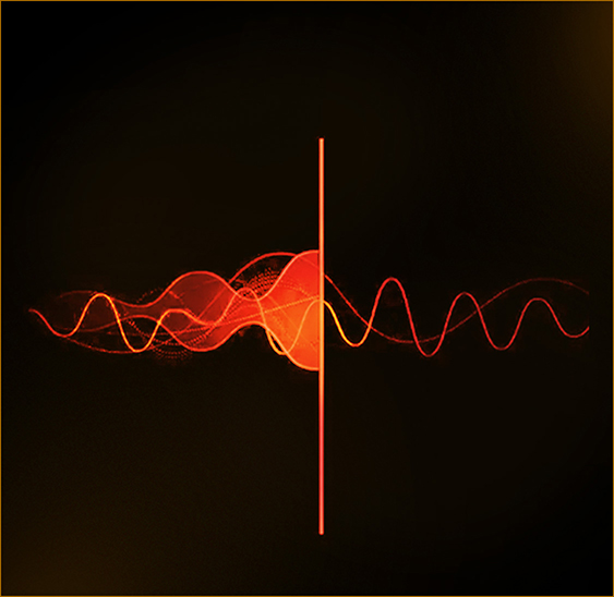 A logo with a dirty audio signal on the left side, then a bisecting vertical line, then a much cleaner audio signal on the right side.