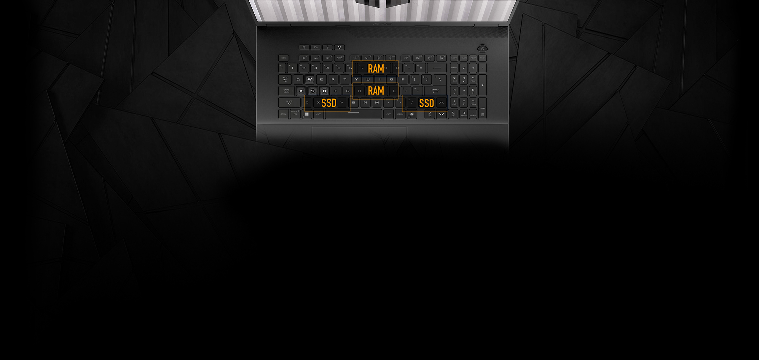 A person wearing a backpack and holding the TUF Gaming A14 in their left hand.