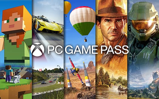 A collage image, with Palworld, Halo, Forza, Minecraft, and Microsoft Flight simulator featured, with the text “Xbox Game Pass” superimposed.