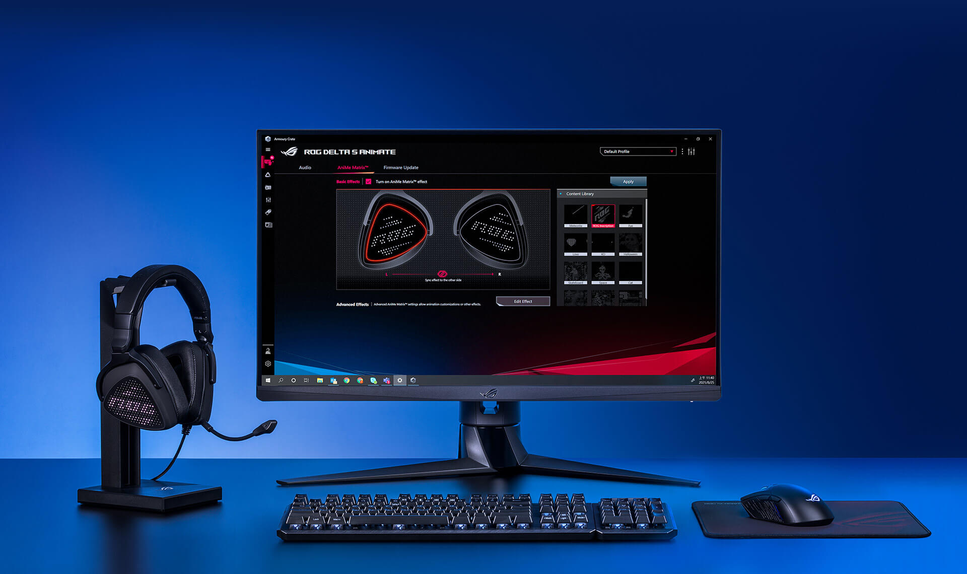 The Armoury Crate UI being displayed on an ROG monitor