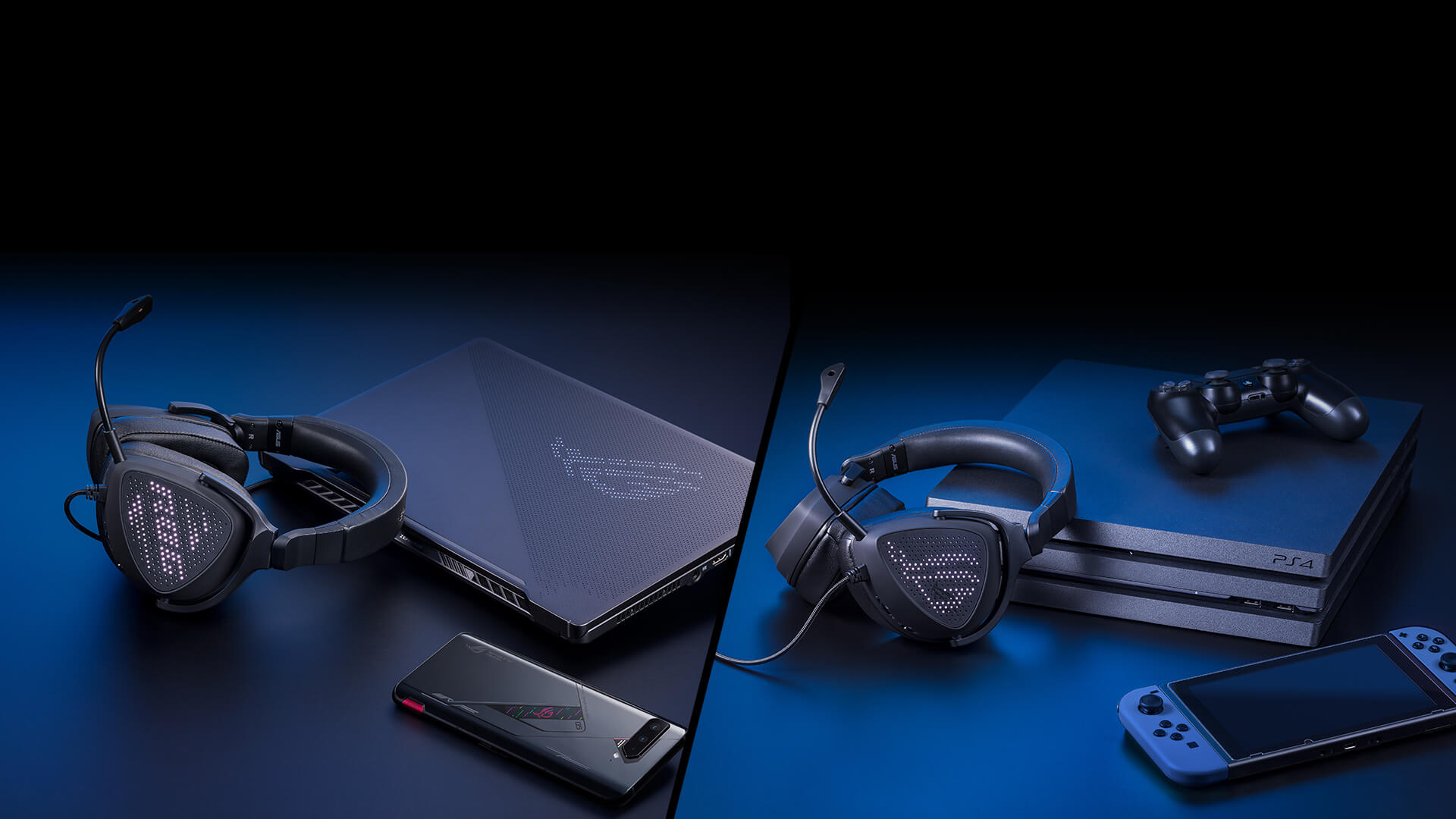 Side-by-side images to show multi-platform compatibility. The left picture shows ROG Delta S Animate with an ROG laptop and ROG Phone. The right image shows ROG Delta S Animate with a Sony PS4 and Nintendo Switch