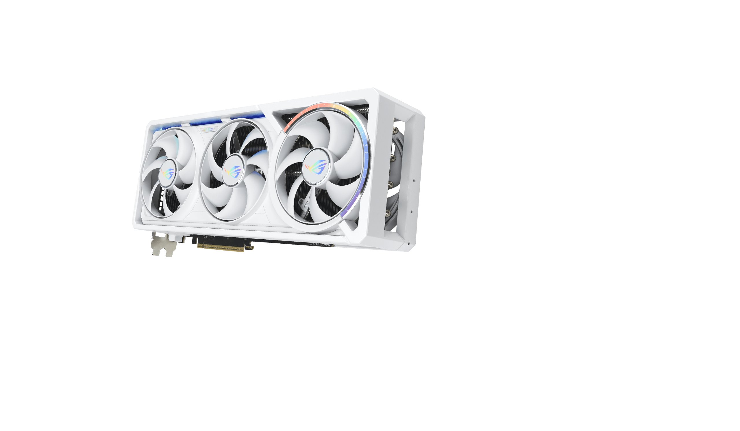 ROG Astral GeForce RTX™ 5080 white graphics card front view and rear view with a background in the galaxy