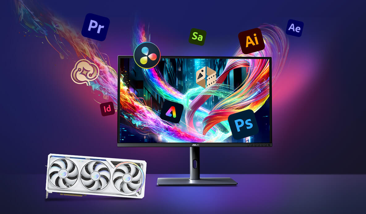 Monitor and ROG Astral on a desk, with Adobe product logos floating around the monitor