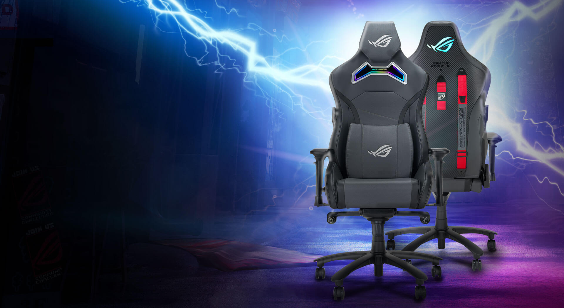 Two ROG Chariot X gaming chairs with front and back view