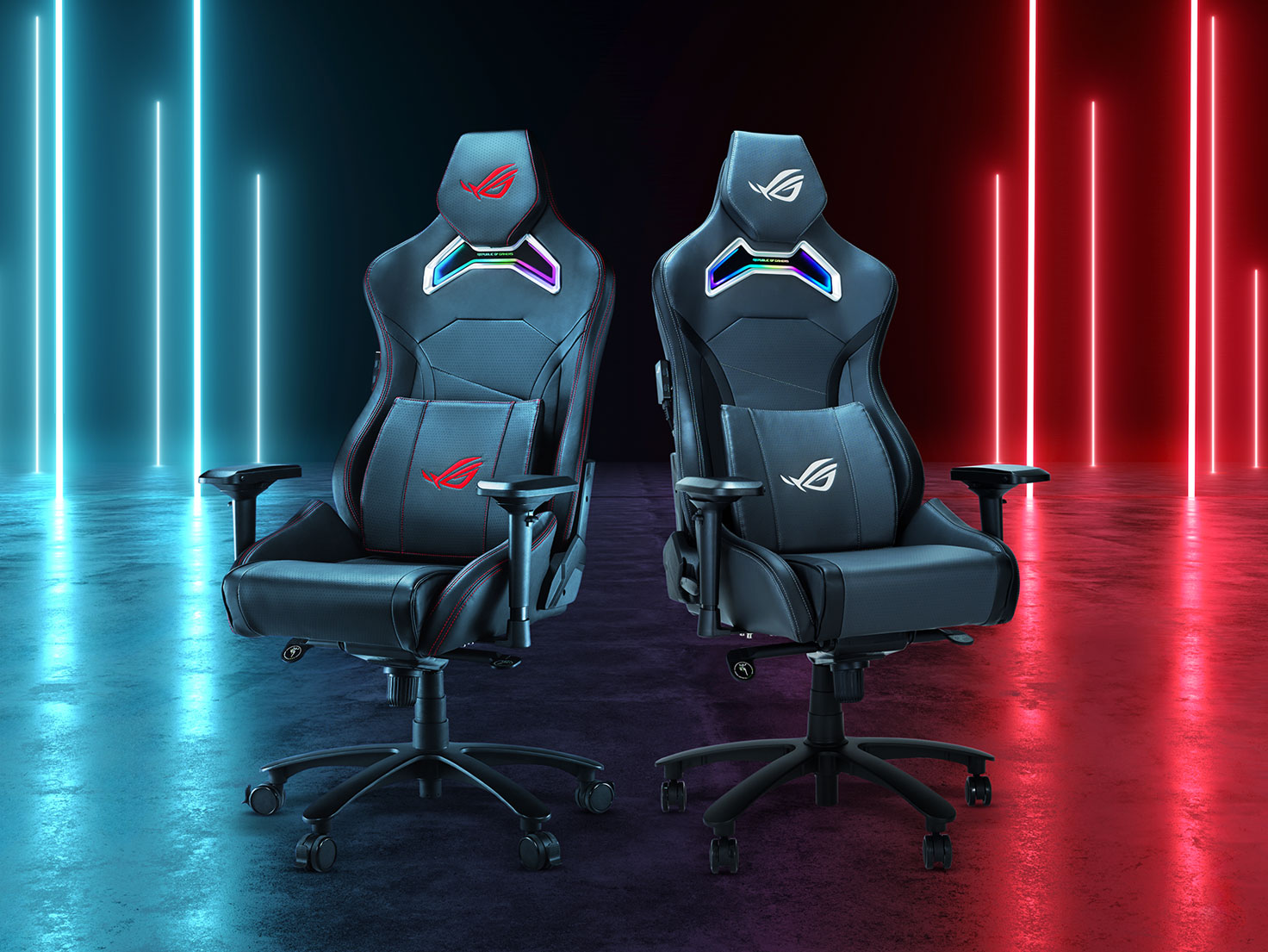 Two Chariot X gaming chair in black and grey variations side by side.