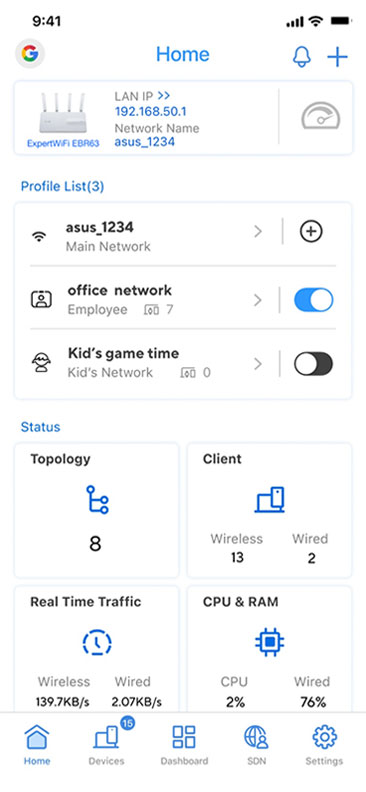 ASUS ExpertWiFi-app gebruikersinterface - startpagina