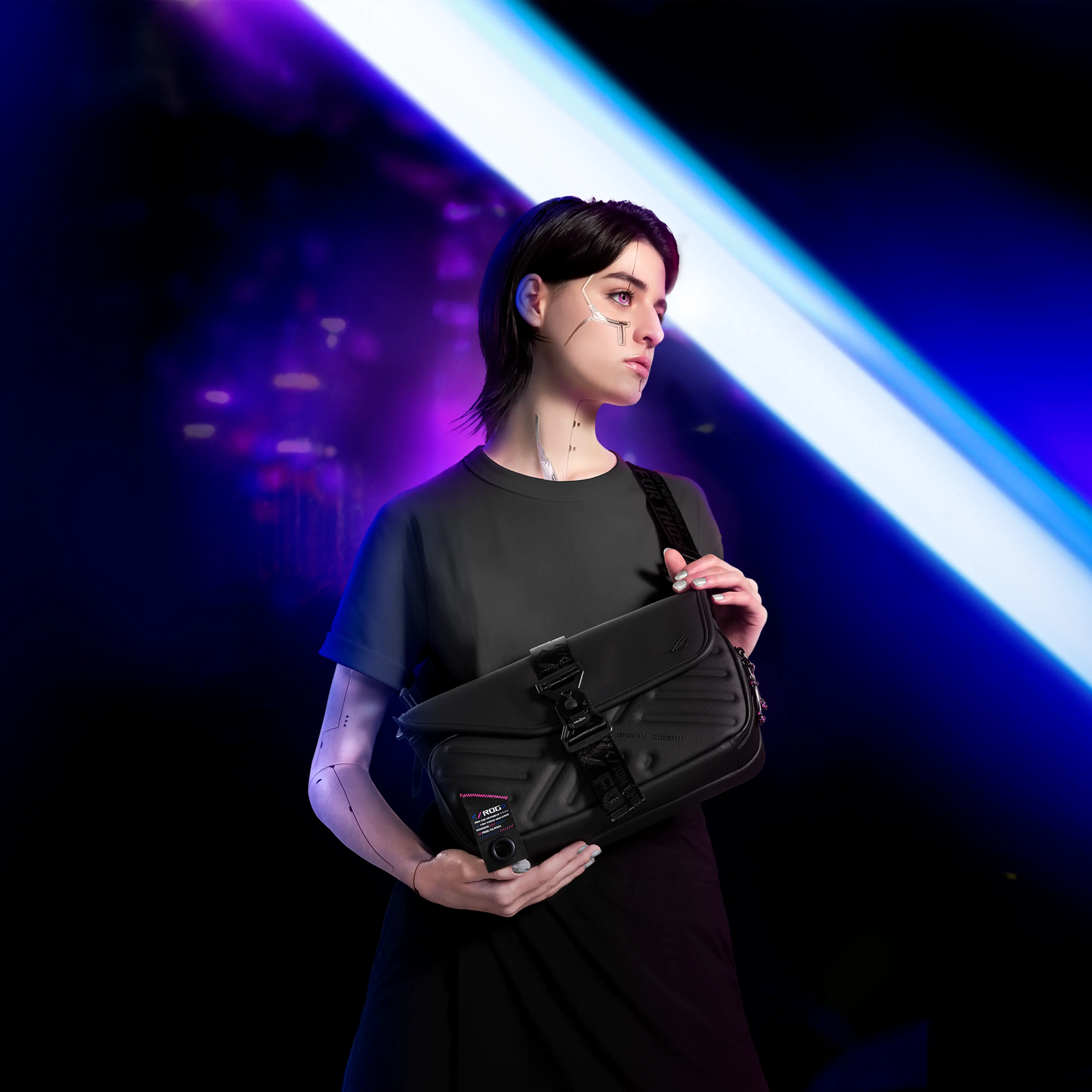 a woman wearing a ROG SLASH Sling Bag 4.0