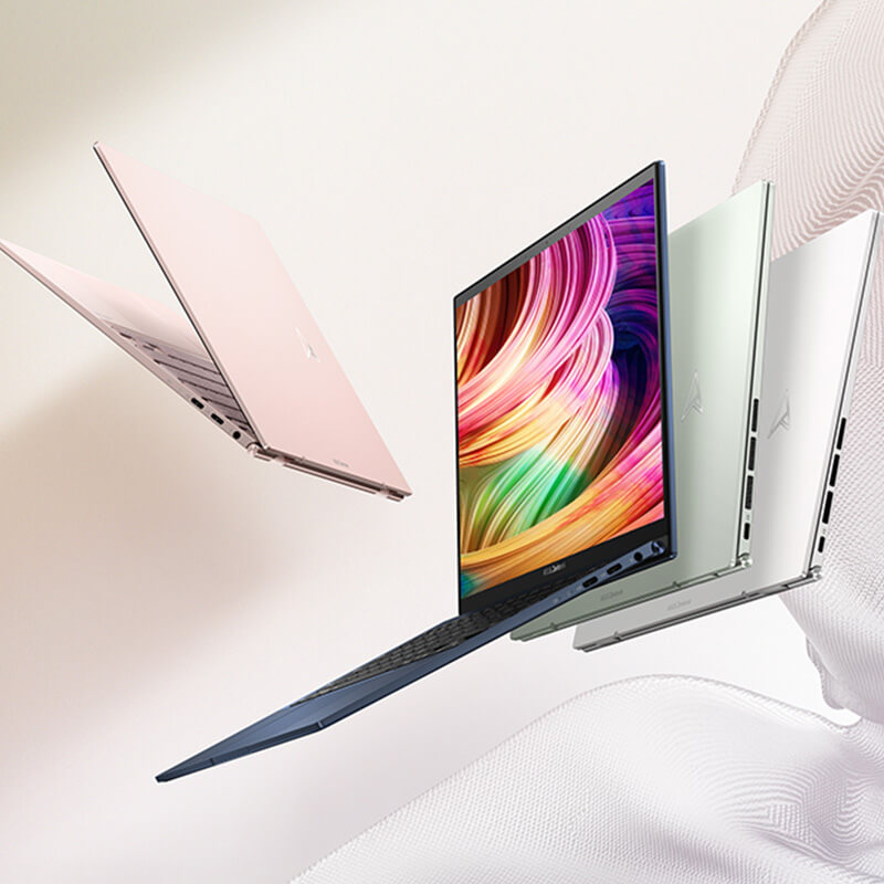 Zenbook S 13 OLED in 4 colors floating in the air with a colorful, soft background