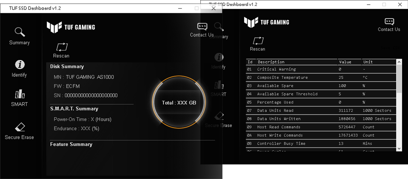 TUF Gaming AS1000-J SSD Dashboard user interfaces
