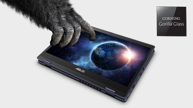 ASUS BR1402F avec une main de gorille sur l'écran tactile.