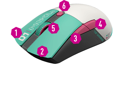 A slanted side profile of the TUF Gaming Mini wireless mouse Hatsune Miku Edition with numbers labeled on the programmable buttons