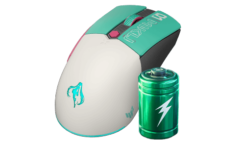 A slanted top profile of the TUF Gaming Mini wireless mouse Hatsune Miku Edition with a battery icon beside it to indicate long battery life