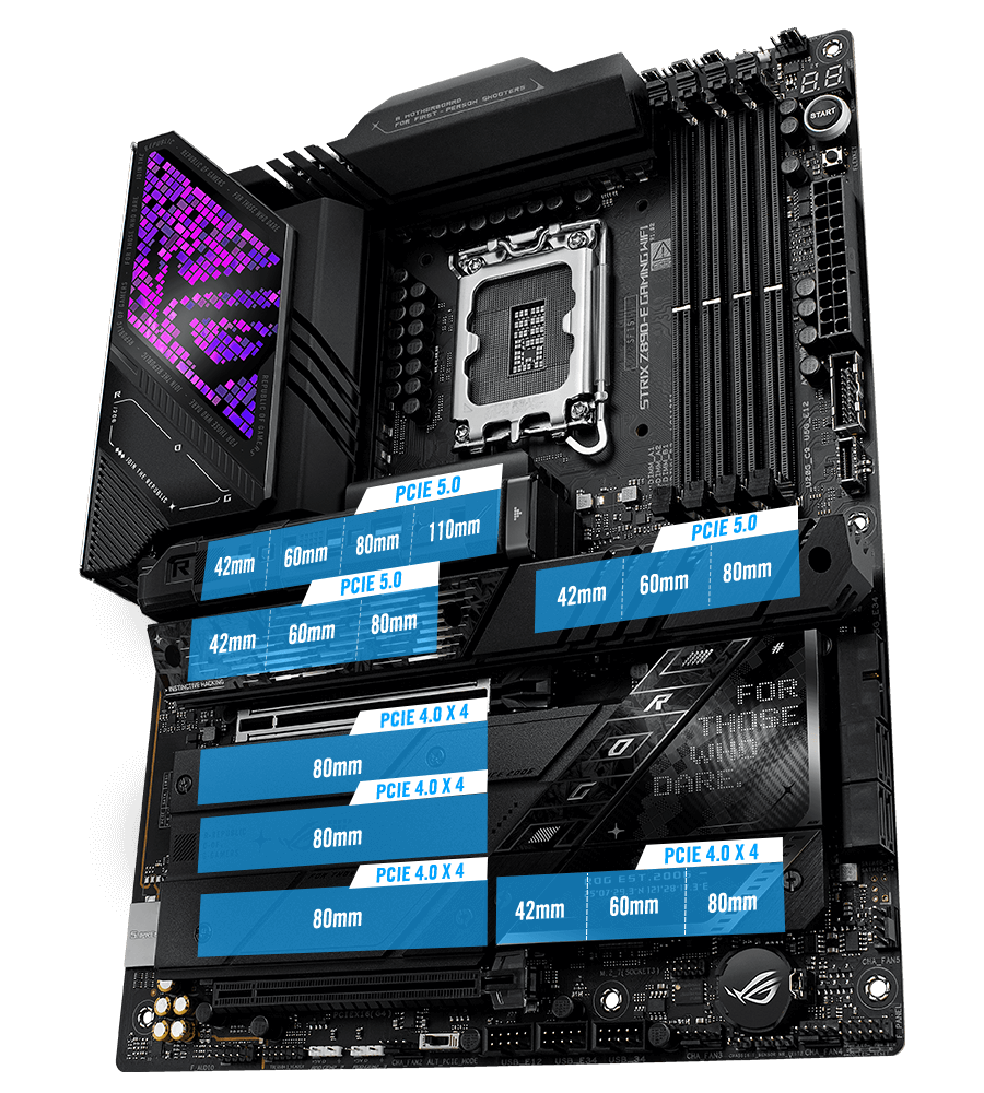 The Strix Z890-E PCIe 5.0 M.2 and expansion slot layout