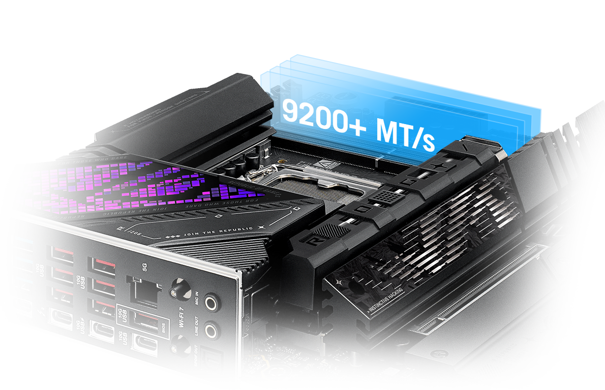 La Strix X870E-E te permite overclockear la memoria hasta 8800+ MT/s.