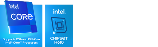 Core i9-processor pictogram, Intel H610-chipset pictogram, Windows 11 pictogram