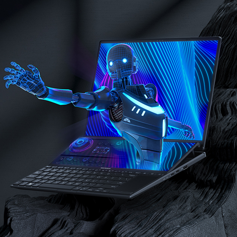 Zenbook Pro 14 Duo OLED opened with an open screen and a 3D image of a robot coming out of the two screens on the black stones background