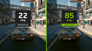 Side by side screenshots of gameplay, on the left showing low FPS with DLSS disabled and ray tracing turned on, with the right showing substantially higher FPS with DLSS 3 enabled along with ray tracing.