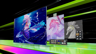 Image of a seahorse with 3D creation software, on three panels showing the various stages of modeling and coloring.