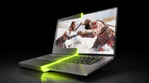Image of God of War on a laptop screen, with the left half of the machine being much thicker with larger bezels, and the right half showing more modern thin and light gaming laptops.