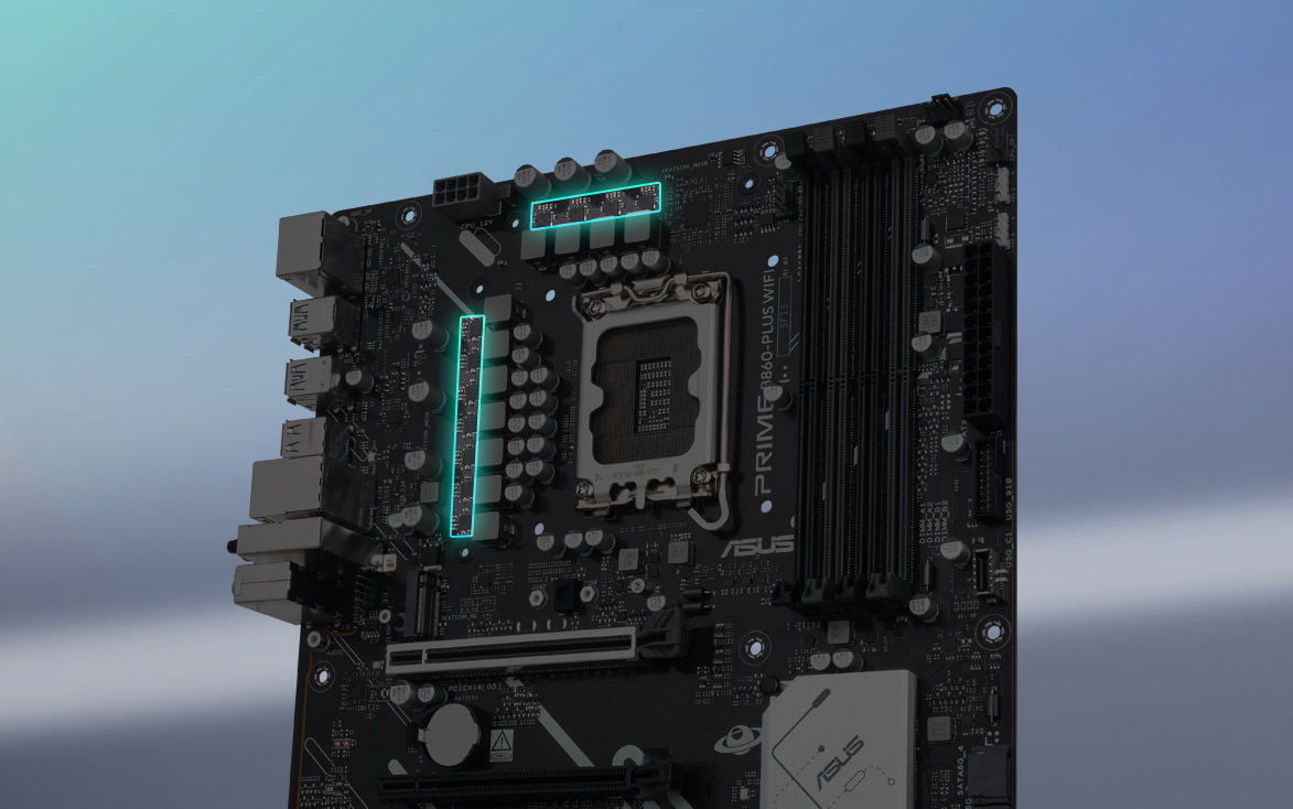 Angled top-down view of PRIME B860-PLUS WIFI motherboard. 