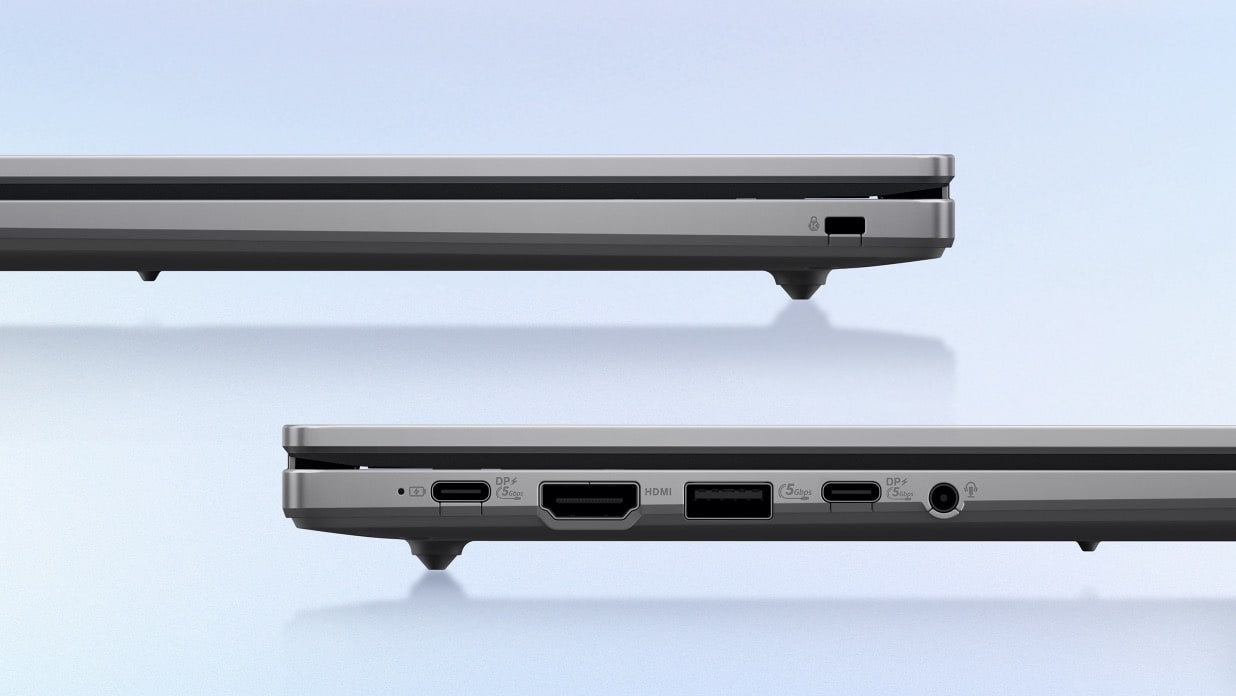 Two laptops shown from the side, highlighting various ports including Power port, two USB 3.2 Gen 1 Type-C ports, HDMI, Type-A port, and 3.5 mm combo audio jack.
