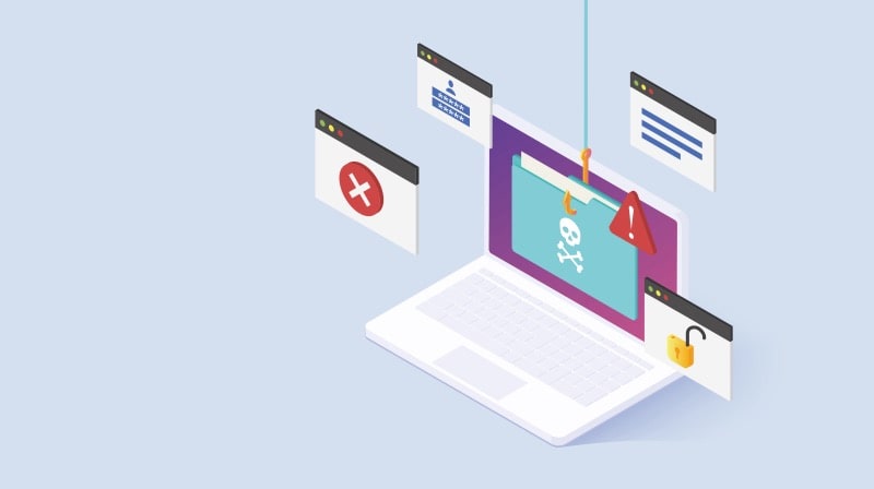 A vector illustration of a side view of a laptop with a phishing warning notification onscreen and four small windows surrounding it.