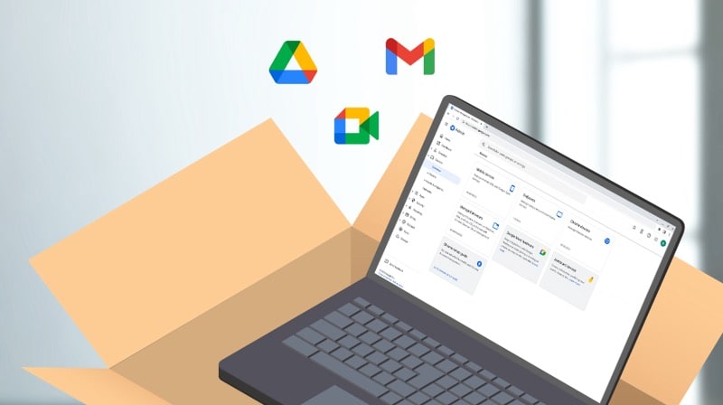 An illustration of a laptop with Google workspace icons next to it 