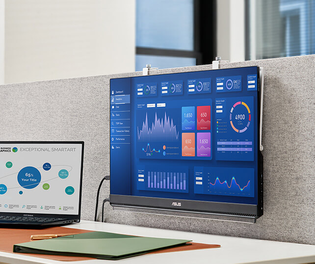 Side view of an office desksetup with a laptop and and ZenScreen MB249C in Partition mount mode