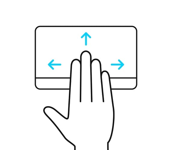 Показано движение четырьмя пальцами по тачпаду ErgoSense в разных направлениях. 