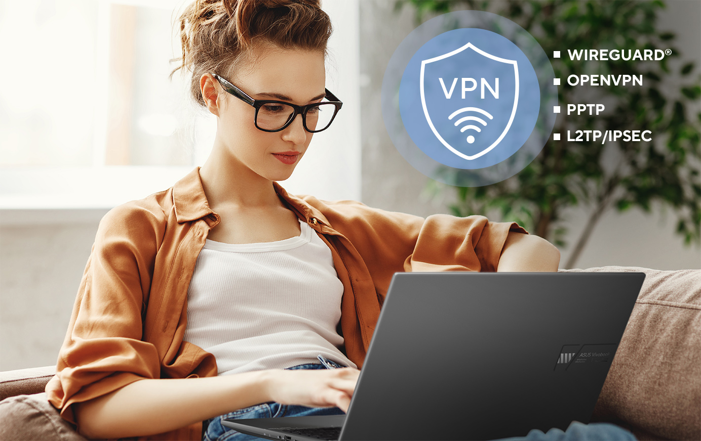 Routery ASUS obsługują szereg protokołów bezpieczeństwa VPN, w tym WireGuard®, OpenVPN, PPTP i L2TP/IPSec.