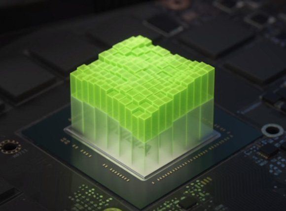 NVIDIA processor with stacked green blocks representing AI acceleration