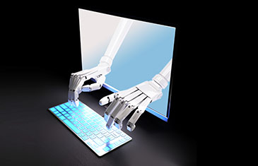 The robot hand passes through the laptop screen to control the keyboard.